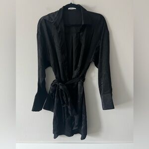 Peppermayo Black Sheer Wrap Mini Dress – Tie Waist Long Sleeve – Size 2